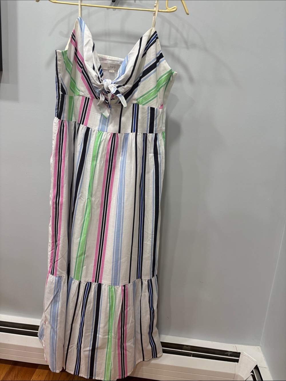 LOFT Striped Tie-Front Maxi Dress - White with Pink, Green & Blue Stripes